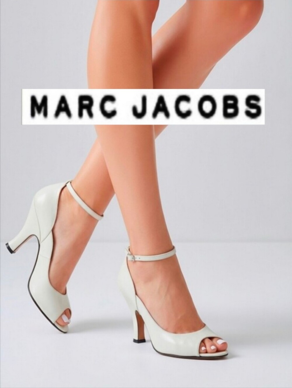 Marc Jacobs Chunky Heel Peep Toe White Heels 7.5 8 Ankle Strap.
